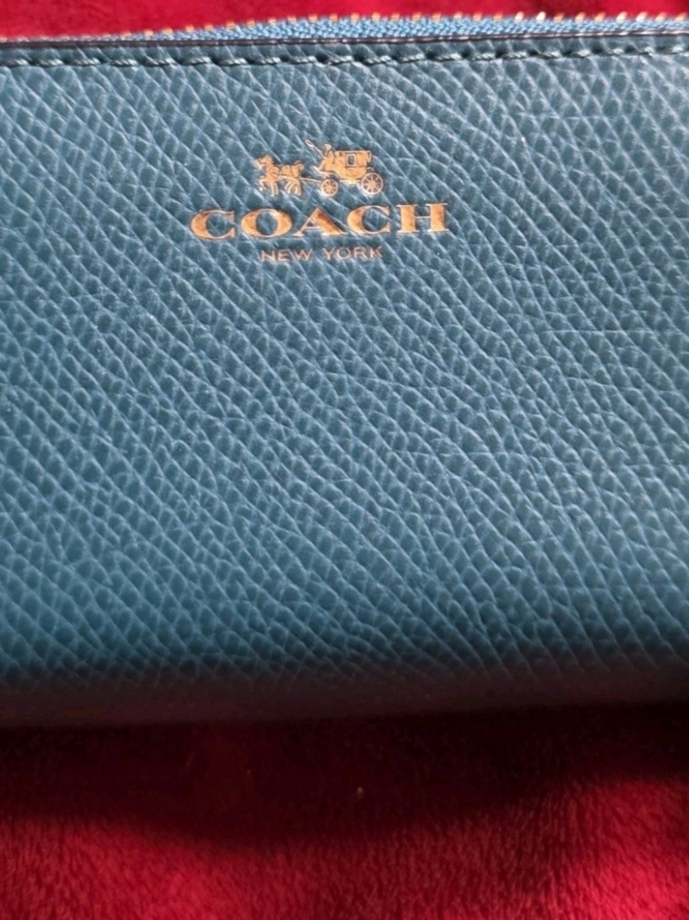Coach Teal Pebbled Leather Zip Wallet with Gold Logo